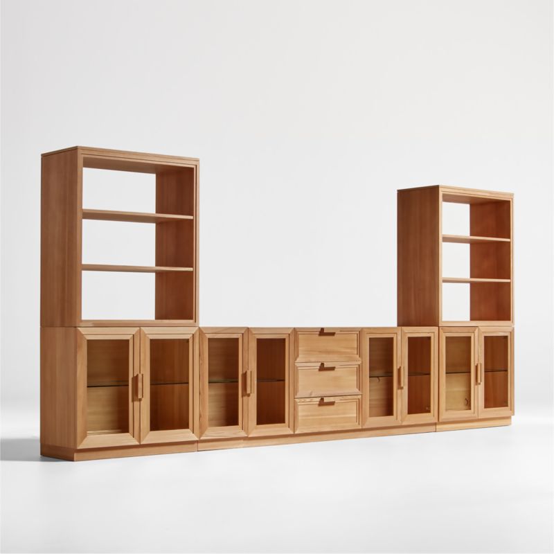 Calypso Natural Elm Wood 90" Storage Media Console with 2 Modular Glass-Door Cabinet Bases and 2 Bookshelf Hutches