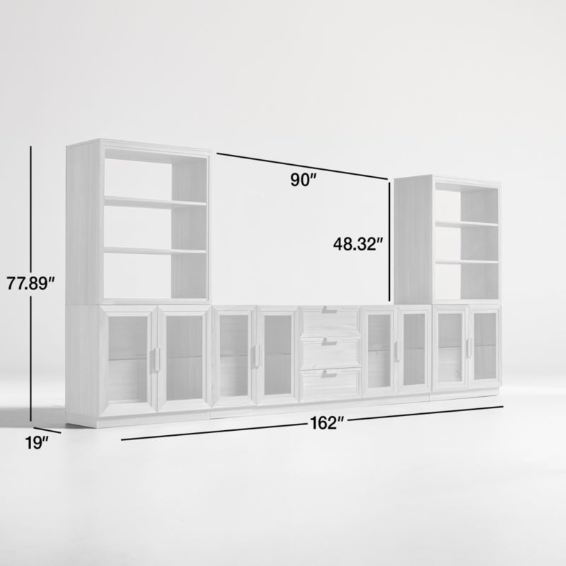 Calypso Natural Elm Wood 90" Storage Media Console with 2 Modular Glass-Door Cabinet Bases and 2 Bookshelf Hutches