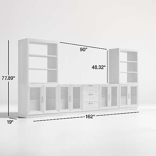 Calypso Natural Elm Wood 90" Storage Media Console with 2 Modular Glass-Door Cabinet Bases and 2 Bookshelf Hutches