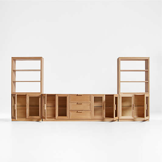 Calypso Natural Elm Wood 90" Storage Media Console with 2 Modular Glass-Door Cabinet Bases and 2 Bookshelf Hutches