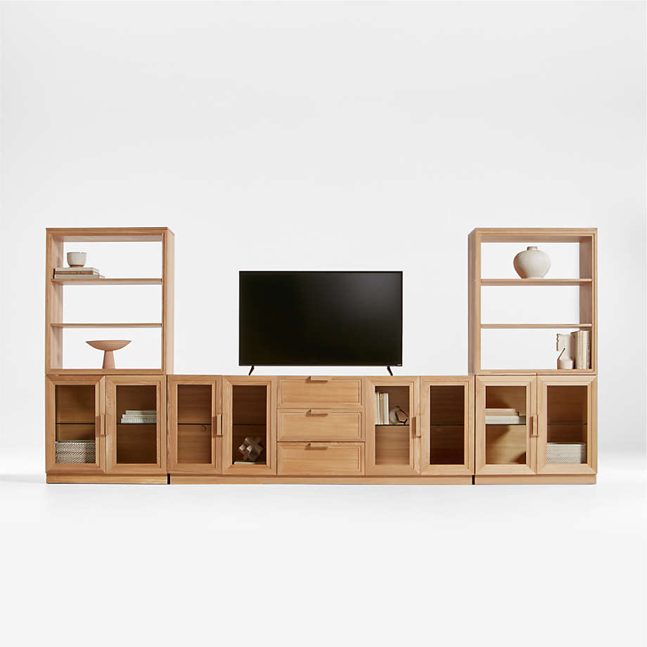 Calypso Natural Elm Wood 90" Storage Media Console with 2 Modular Glass-Door Cabinet Bases and 2 Bookshelf Hutches