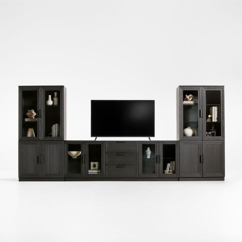 Calypso Black Elm Wood 90" Storage Media Console with 2 Modular Wood-Door Cabinet Bases and 2 Glass-Door Bookshelf Hutches - image 0 of 7