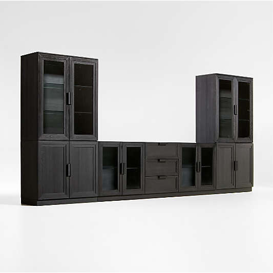 Calypso Black Elm Wood 90" Storage Media Console with 2 Modular Wood-Door Cabinet Bases and 2 Glass-Door Bookshelf Hutches