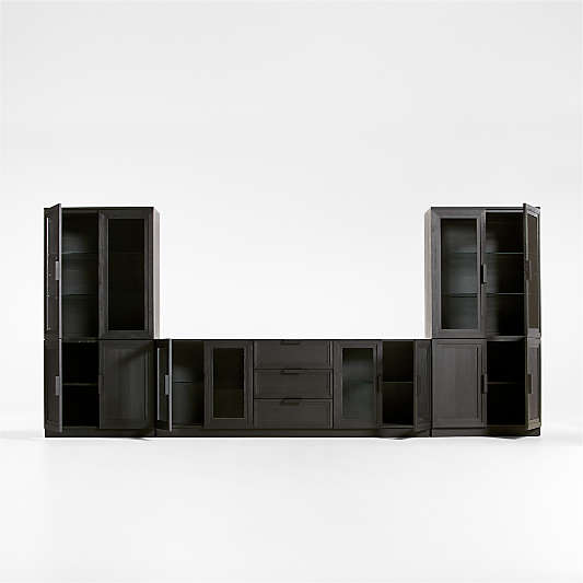Calypso 162" Black Wood Media Console Set with Glass and Wood Storage Cabinet