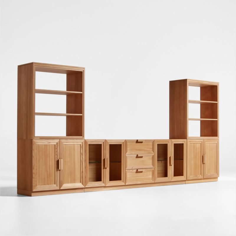 Calypso Natural Elm Wood 90" Storage Media Console with 2 Modular Wood-Door Cabinet Bases and 2 Glass-Door Bookshelf Hutches - image 4 of 9