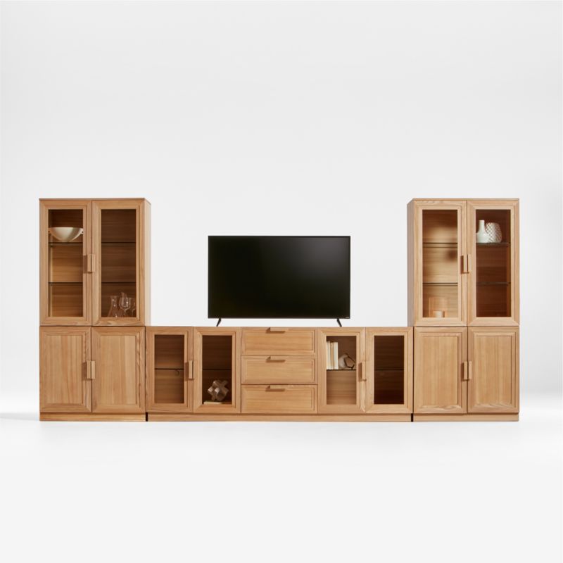 Calypso Natural Elm Wood 90" Storage Media Console with 2 Modular Wood-Door Cabinet Bases and 2 Glass-Door Bookshelf Hutches - image 0 of 9