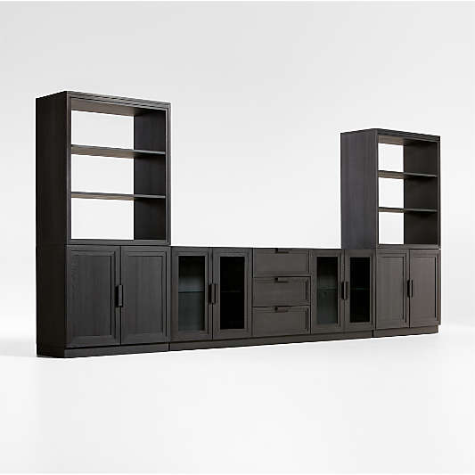 Calypso Black Elm Wood 90" Storage Media Console with 2 Modular Elm Wood-Door Cabinet Bases and 2 Bookshelf Hutches