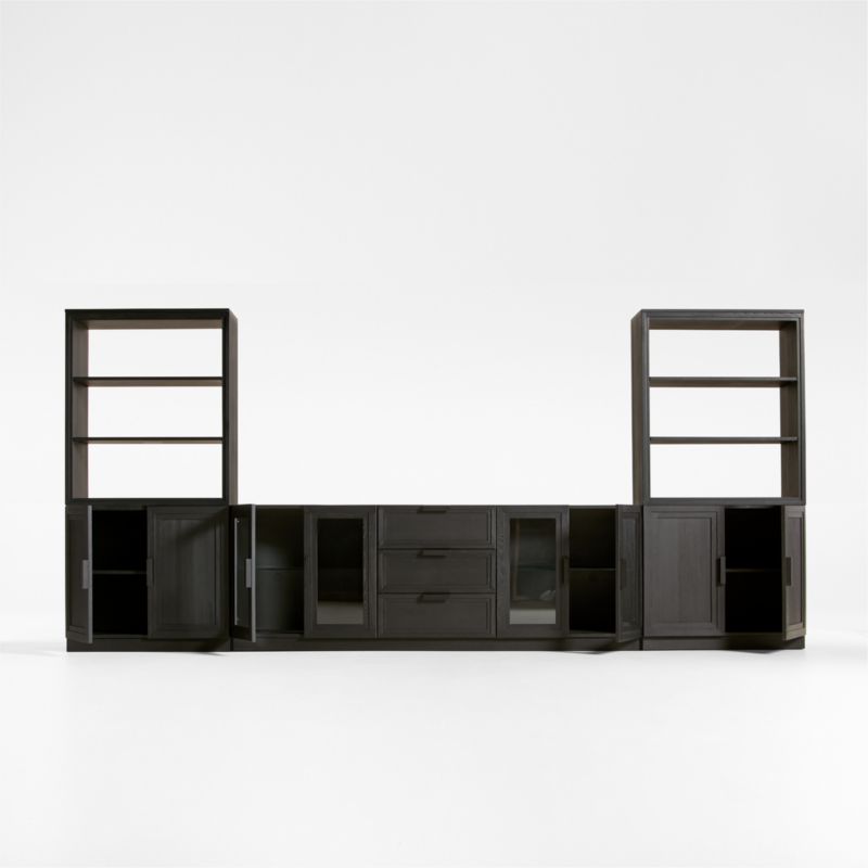 Calypso Black Elm Wood 90" Storage Media Console with 2 Modular Elm Wood-Door Cabinet Bases and 2 Bookshelf Hutches