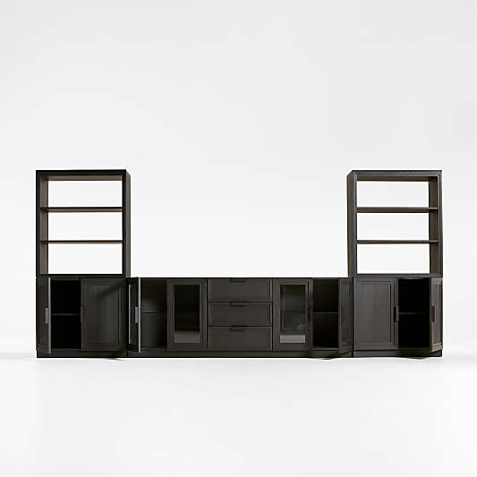 Calypso Black Elm Wood 90" Storage Media Console with 2 Modular Elm Wood-Door Cabinet Bases and 2 Bookshelf Hutches