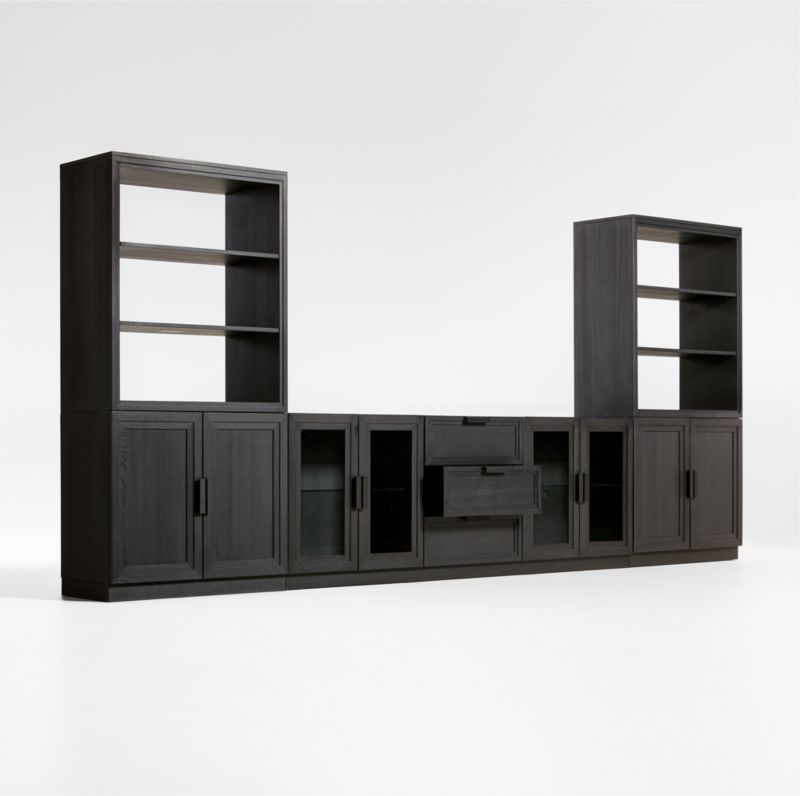 Calypso Black Elm Wood 90" Storage Media Console with 2 Modular Elm Wood-Door Cabinet Bases and 2 Bookshelf Hutches