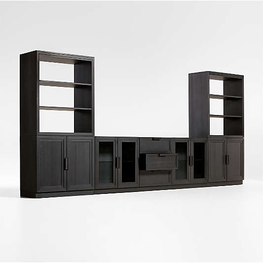 Calypso 162" Black Wood Media Console Set with Wood Door Bookcase