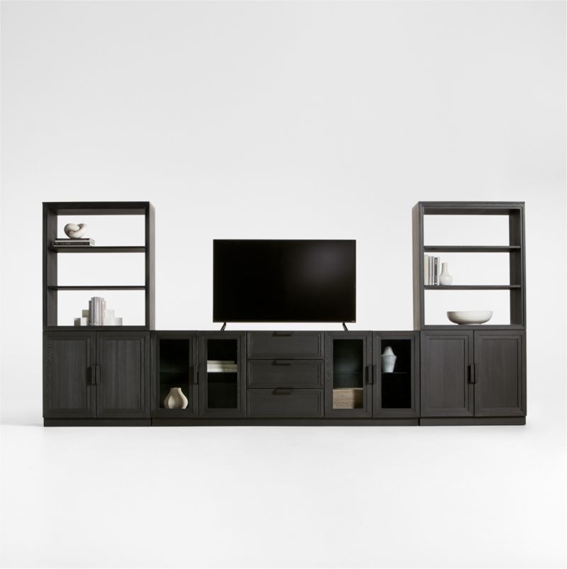 Calypso Black Elm Wood 90" Storage Media Console with 2 Modular Elm Wood-Door Cabinet Bases and 2 Bookshelf Hutches