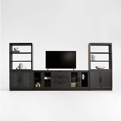 Calypso Black Elm Wood 90" Storage Media Console with 2 Modular Elm Wood-Door Cabinet Bases and 2 Bookshelf Hutches