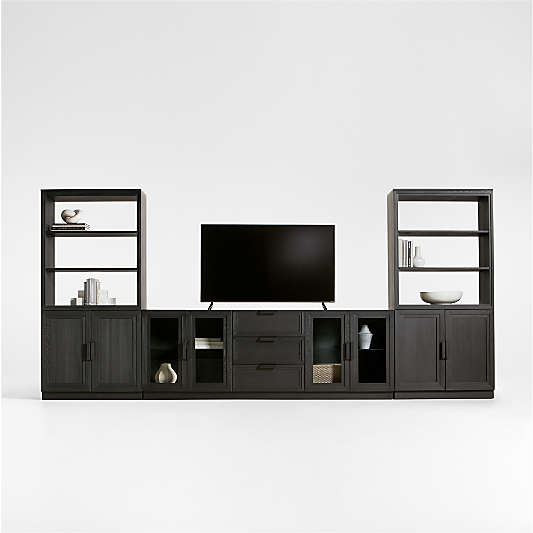 Calypso Black Elm Wood 90" Storage Media Console with 2 Modular Elm Wood-Door Cabinet Bases and 2 Bookshelf Hutches