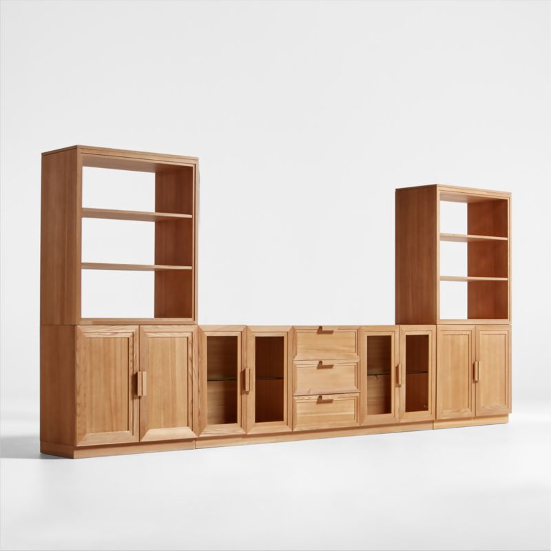 Calypso Natural Elm Wood 90" Storage Media Console with 2 Modular Wood-Door Cabinet Bases and 2 Bookshelf Hutches