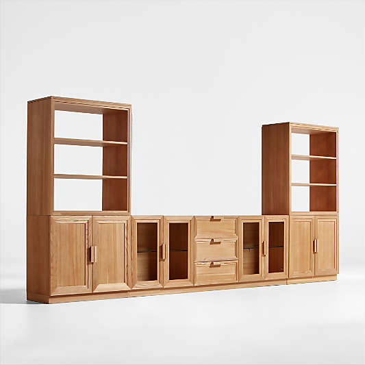 Calypso Natural Elm Wood 90" Storage Media Console with 2 Modular Wood-Door Cabinet Bases and 2 Bookshelf Hutches