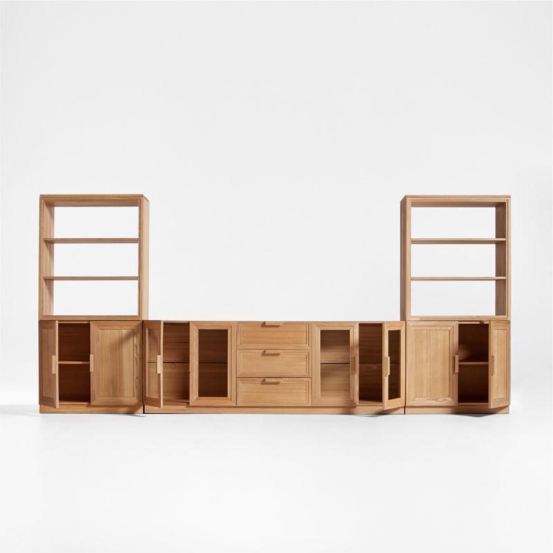 Calypso Natural Elm Wood 90" Storage Media Console with 2 Modular Wood-Door Cabinet Bases and 2 Bookshelf Hutches