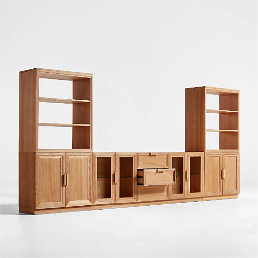 Calypso 162" Natural Wood Media Console Set with Wood Door Bookcase