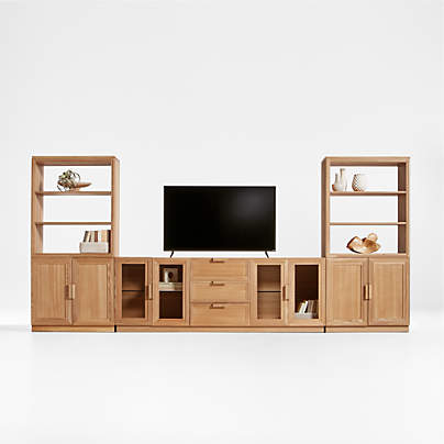 Calypso Natural Elm Wood 90" Storage Media Console with 2 Modular Wood-Door Cabinet Bases and 2 Bookshelf Hutches