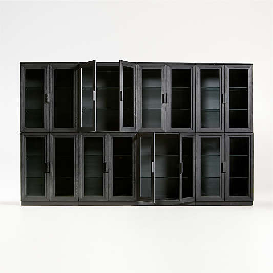 Calypso 144" Black Wood Glass-Door Storage Cabinet Set