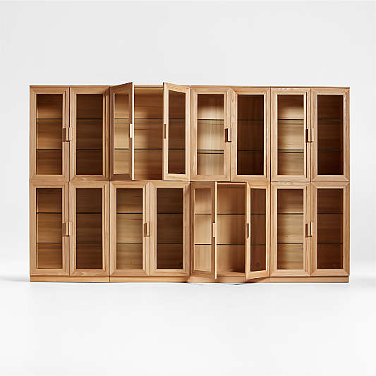 Calypso 144" Natural Wood Glass-Door Storage Cabinet Set
