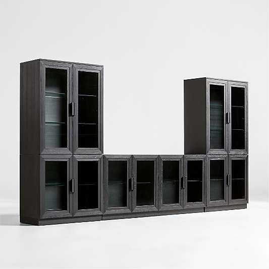 Calypso Black Elm Wood 72" Storage Media Console with 2 Modular Glass-Door Cabinet Bases and 2 Glass-Door Hutches