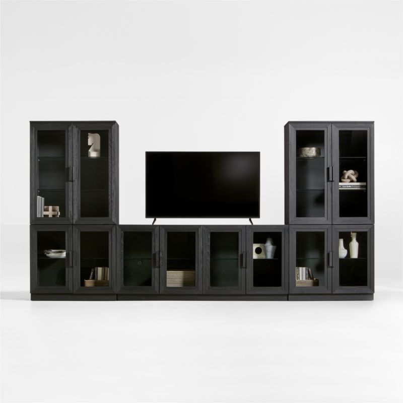 Calypso Black Elm Wood 72" Storage Media Console with 2 Modular Glass-Door Cabinet Bases and 2 Glass-Door Hutches