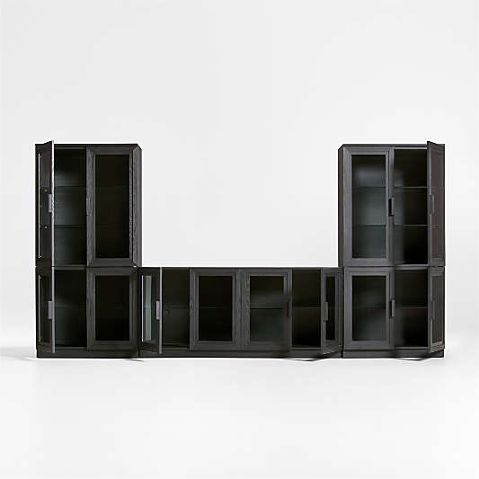 Calypso 144" Black Wood Media Console Set with Glass Storage Cabinet