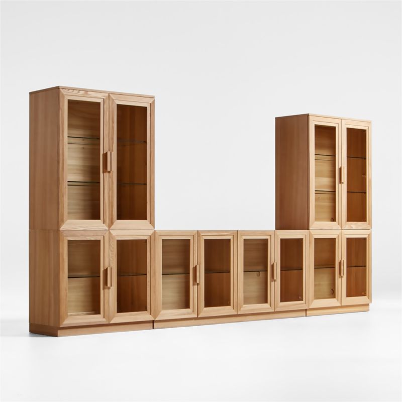 Calypso Natural Elm Wood 72" Storage Media Console with 2 Modular Glass-Door Cabinet Bases and 2 Glass-Door Hutches