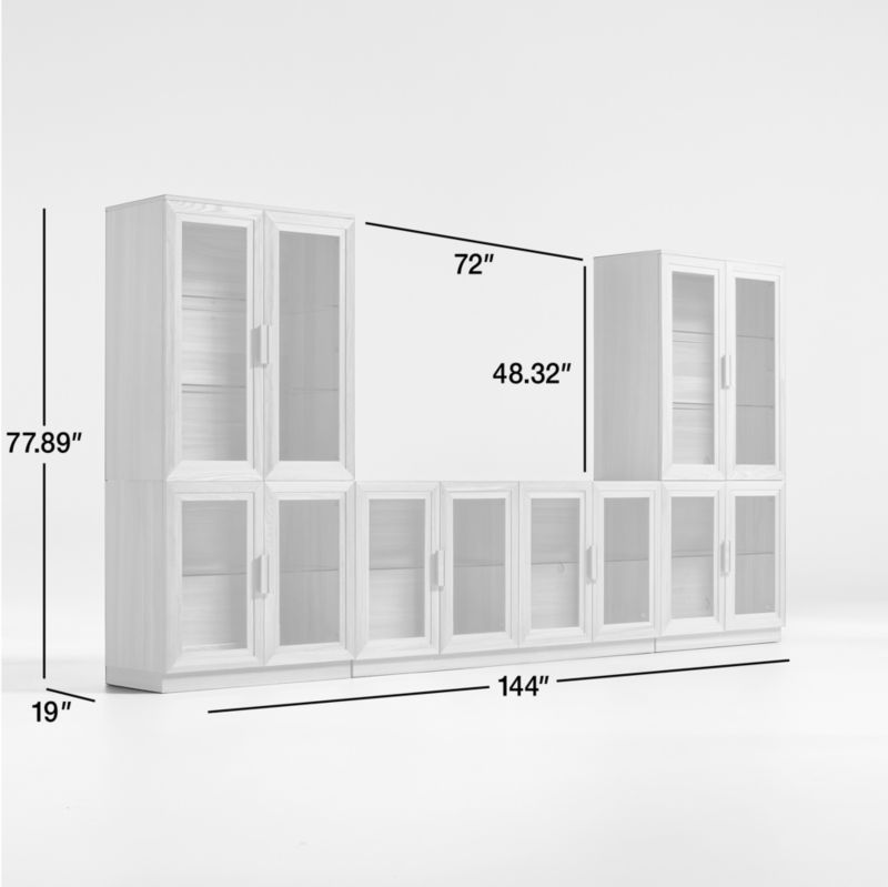 Calypso Natural Elm Wood 72" Storage Media Console with 2 Modular Glass-Door Cabinet Bases and 2 Glass-Door Hutches