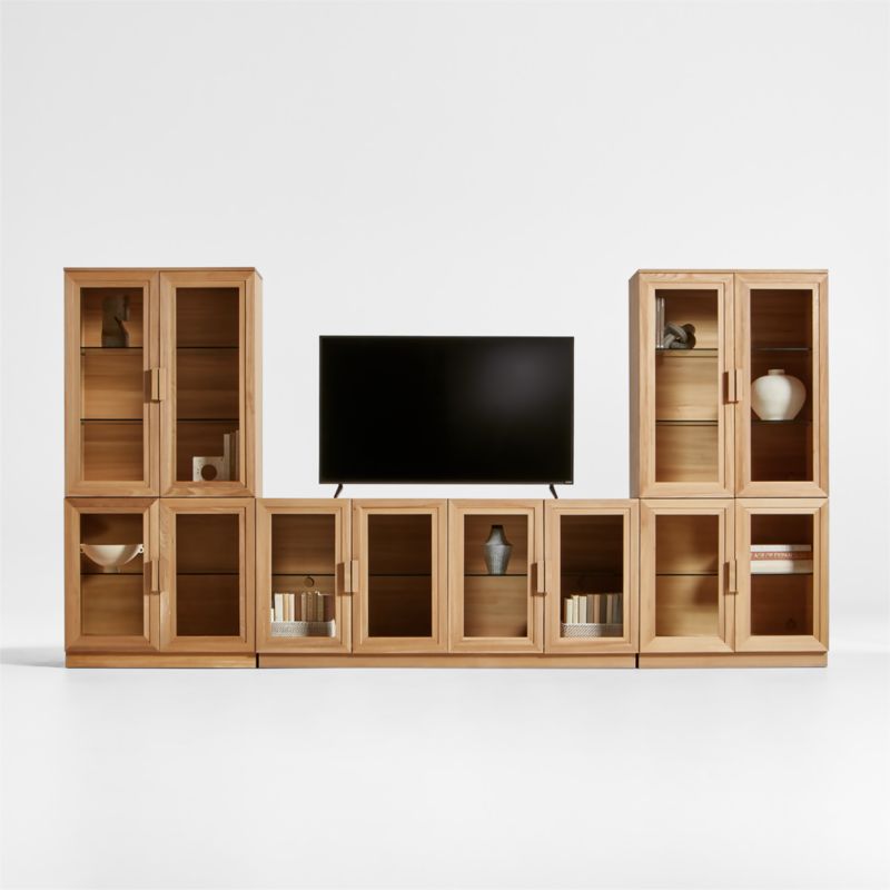 Calypso Natural Elm Wood 72" Storage Media Console with 2 Modular Glass-Door Cabinet Bases and 2 Glass-Door Hutches