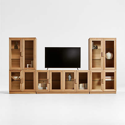 Calypso Natural Elm Wood 72" Storage Media Console with 2 Modular Glass-Door Cabinet Bases and 2 Glass-Door Hutches