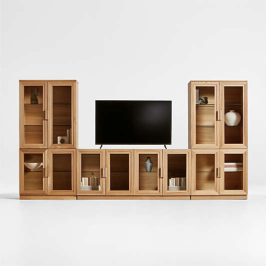 Calypso Natural Elm Wood 72" Storage Media Console with 2 Modular Glass-Door Cabinet Bases and 2 Glass-Door Hutches