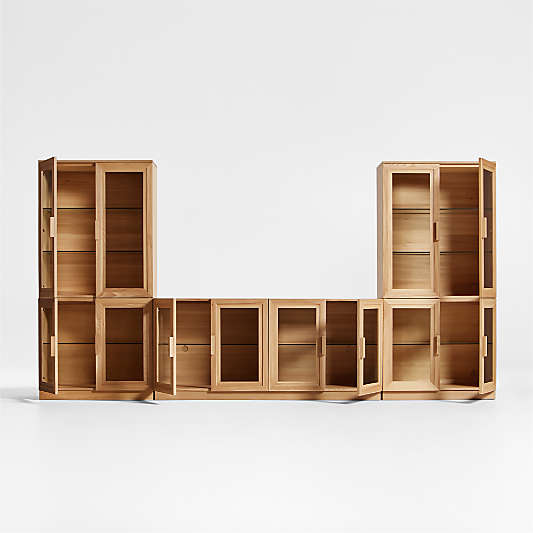 Calypso 144" Natural Wood Media Console Set with Glass Storage Cabinet