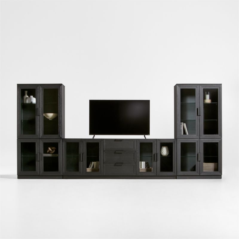 Calypso Black Elm Wood 90" Storage Media Console with 2 Modular Glass-Door Cabinet Bases and 2 Glass-Door Hutches