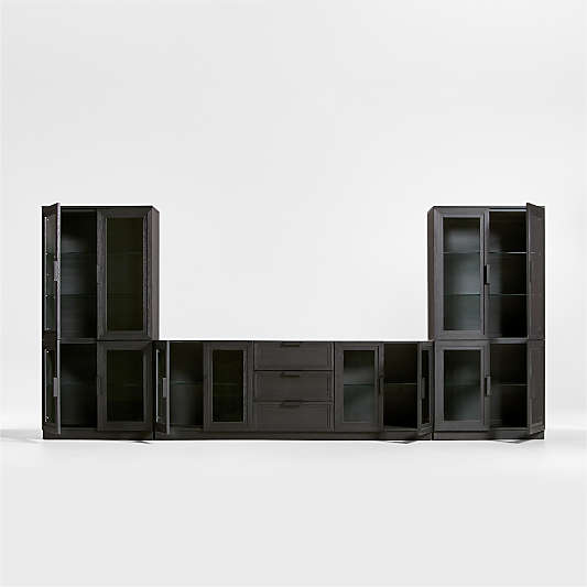 Calypso Black Wood 162" Media Console Set with Glass Storage Cabinet