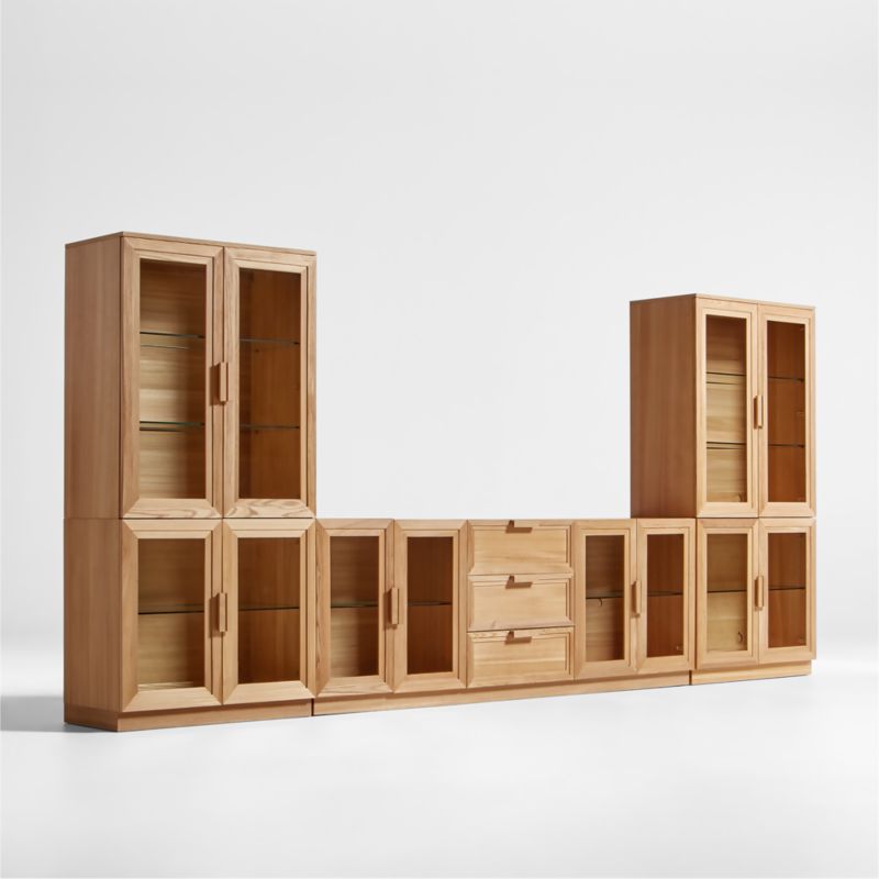 Calypso Natural Elm Wood 90" Storage Media Console with 2 Modular Glass-Door Cabinet Bases and 2 Glass-Door Hutches