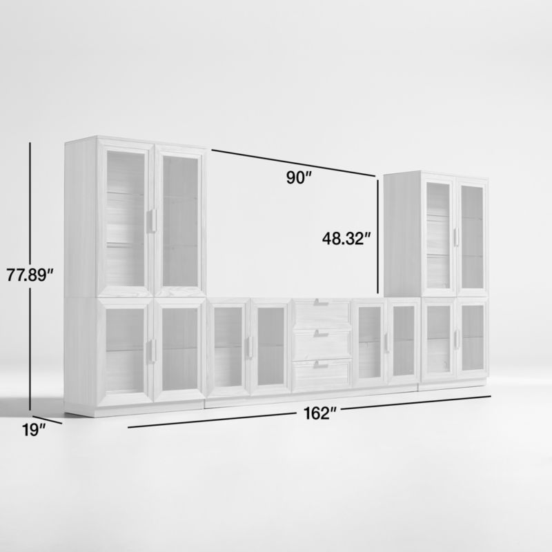 Calypso Natural Elm Wood 90" Storage Media Console with 2 Modular Glass-Door Cabinet Bases and 2 Glass-Door Hutches