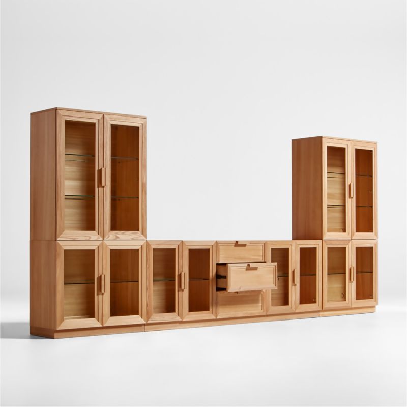 Calypso Natural Elm Wood 90" Storage Media Console with 2 Modular Glass-Door Cabinet Bases and 2 Glass-Door Hutches
