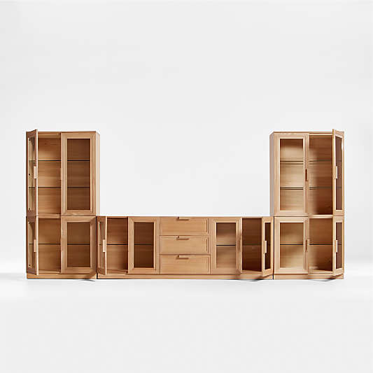 Calypso Natural Wood 162" Media Console Set with Glass Storage Cabinet