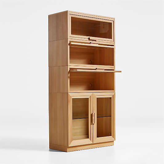 Calypso Natural Elm Wood Modular Storage Cabinet with Glass-Door Base and Glass Doors