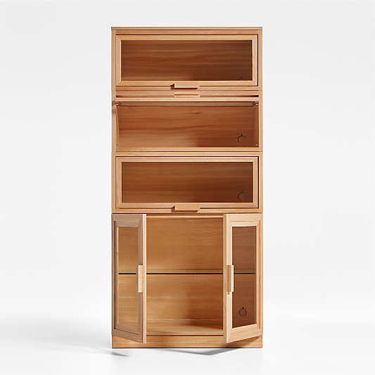 Calypso Natural Elm Wood Modular Storage Cabinet with Glass-Door Base and Glass Doors