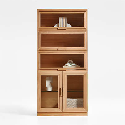 Calypso Natural Elm Wood Modular Storage Cabinet with Glass-Door Base and Glass Doors