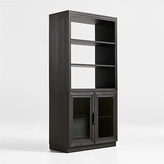 Calypso Black Elm Wood Modular Glass-Door Base and Bookshelf Hutch