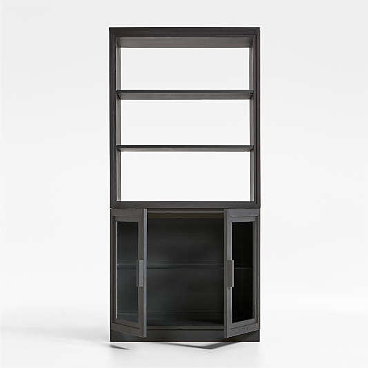 Calypso Black Elm Wood Modular Glass-Door Base and Bookshelf Hutch