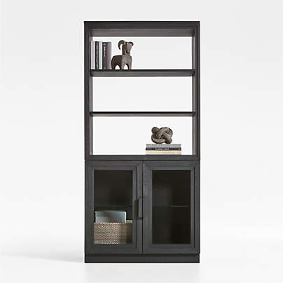 Calypso Black Elm Wood Modular Glass-Door Base and Bookshelf Hutch