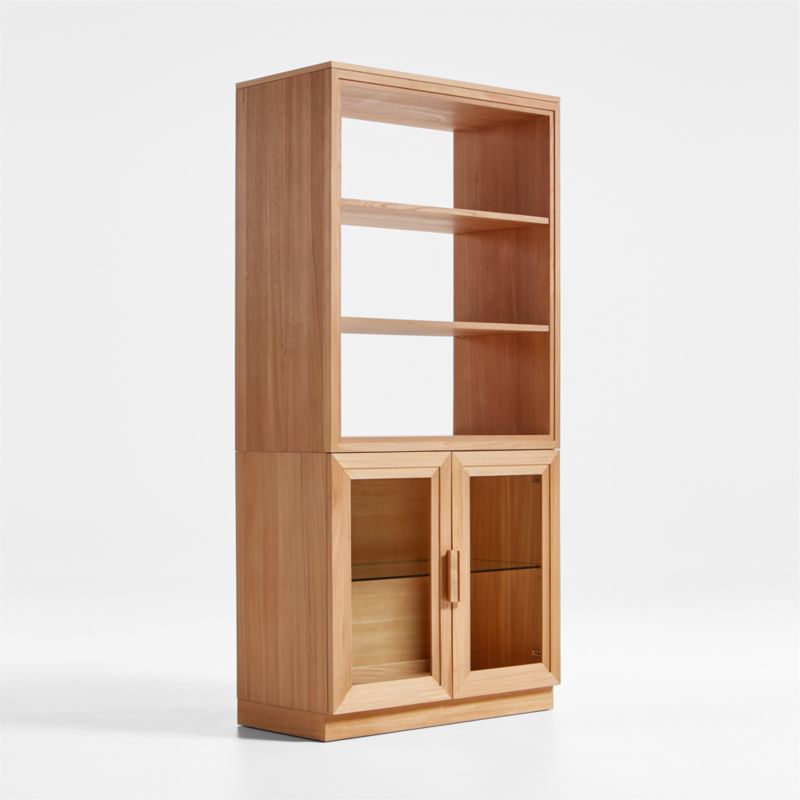 Calypso Natural Elm Wood Modular Glass-Door Base and Bookshelf Hutch