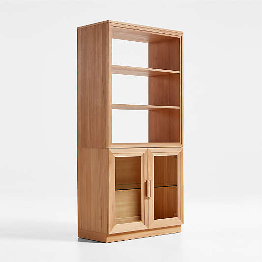 Calypso Natural Elm Wood Modular Glass-Door Base and Bookshelf Hutch