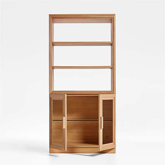 Calypso Natural Elm Wood Modular Glass-Door Base and Bookshelf Hutch