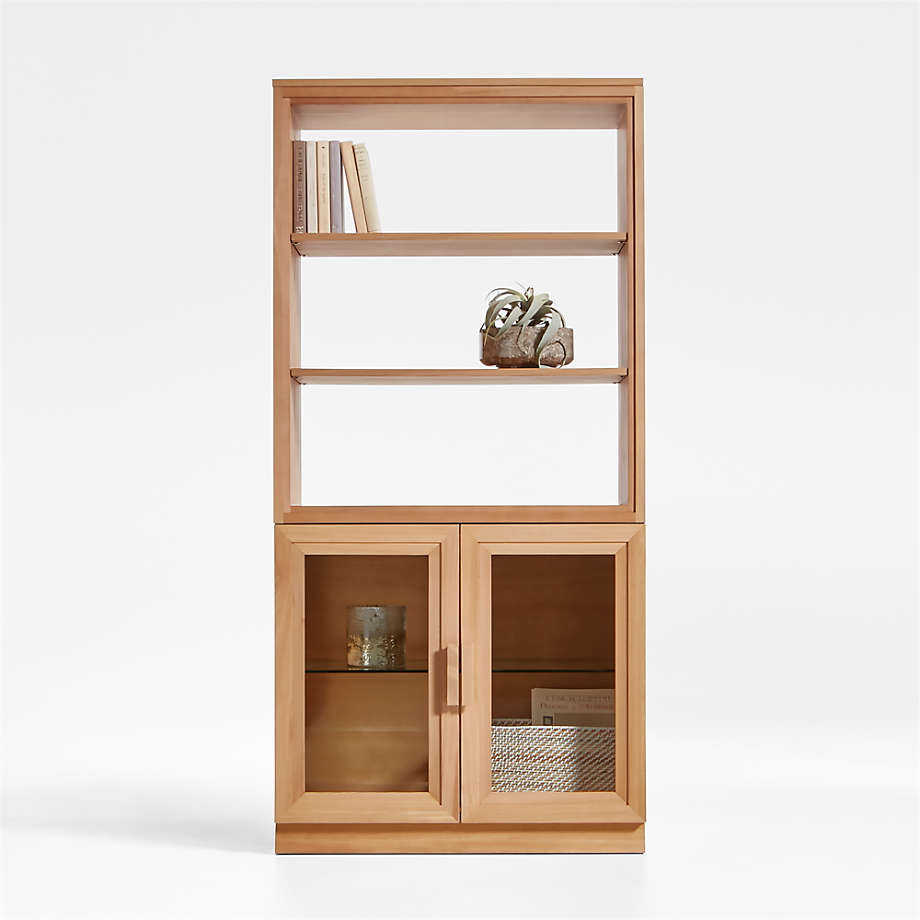 Calypso Natural Elm Wood Modular Glass-Door Base and Bookshelf Hutch